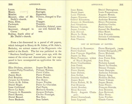 A list of Huguenot settlers at Santee in the Carolina colony. In the first column you can see my 7th great-grandfather, Isaac Dubose, and my 8th great-grandfather (his father-in-law), Pierre Couillandeau.